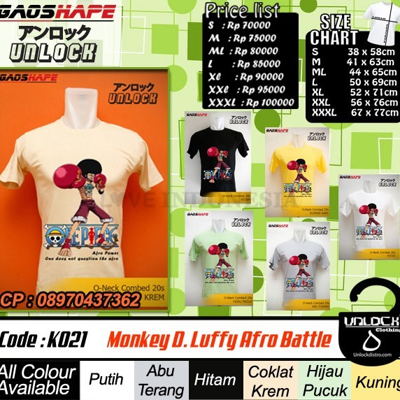 jual kaos K021 Kaos One Piece Monkey D Luffy Afro Battle kren dan murah broo