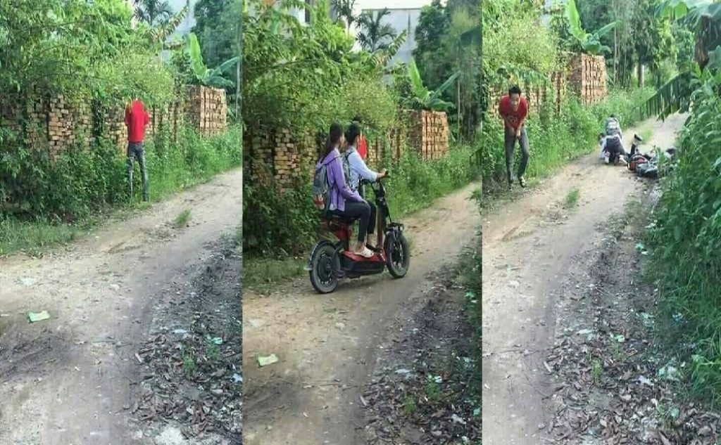 Ngakak So Hard! Terkejut Liat Orang Pipis di Pinggir Jalan, Dua Wanita ini Sampai Jatuh dari Motor