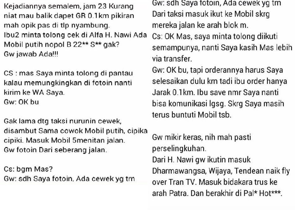 Curhatan Driver GoJek jadi 'Go Spy' Karena Disewa Ibu-Ibu untuk Mata-Mata Suami yang Selingkuh ini Epic Banget