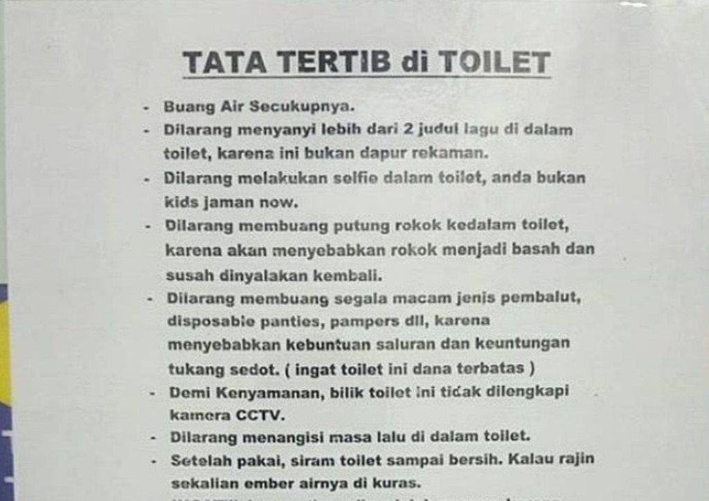 Peraturan Toilet Umum di Rest Area Tol Cipali ini Nyeleneh Banget, Dilarang Selfie Hingga Tangisi Masa Lalu