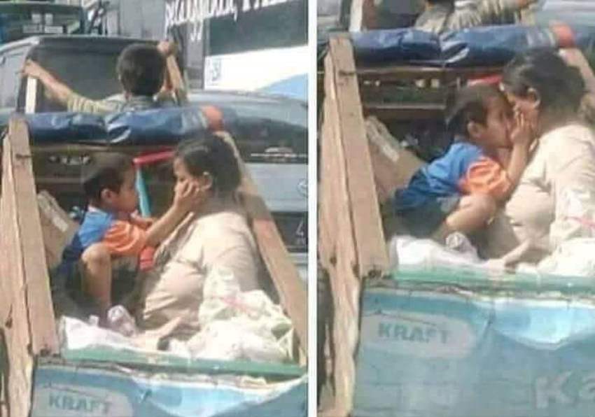 Mengharukan, Foto Anak Cium Ibu di Gerobak ini Viral, Netizen Nangis Berjamaah