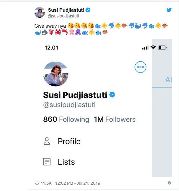 Followers Twitter Tembus 1 Juta, Menteri Susi Pudjiastuti Bagi-Bagi Ikan dan Kapal untuk Netizen