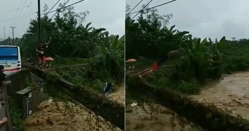 Viral Pemuda Rela Hanyut di Sungai Meluap, Netizen: Ngeprank Tim SAR!