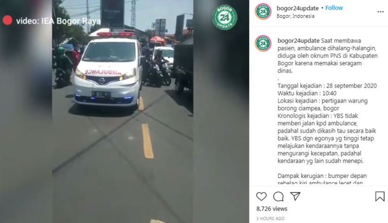 Viral! Mobil Oknum PNS Diduga Halangi Ambulans di Bogor, Netizen: Botak Kepalanya