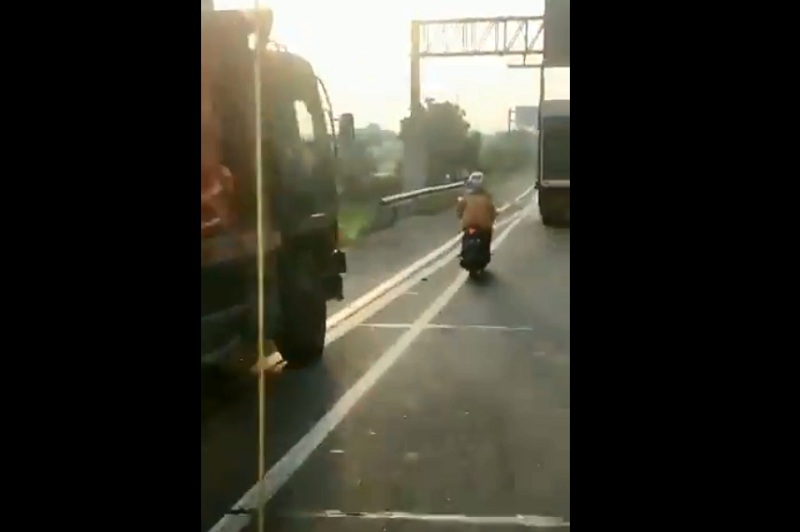 Viral, Perempuan Bermotor Masuk Jalan Tol, Nekat Salip Truk Besar