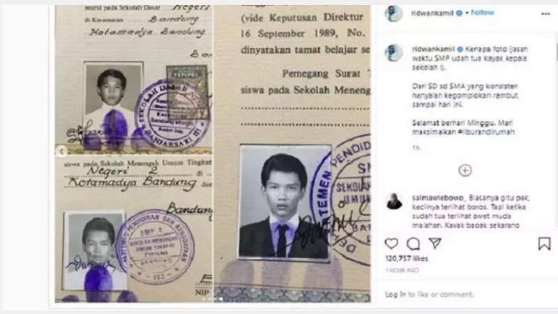 Posting Foto Ijazah, Netizen Komentari Wajah dan Gaya Rambut Ridwan Kamil